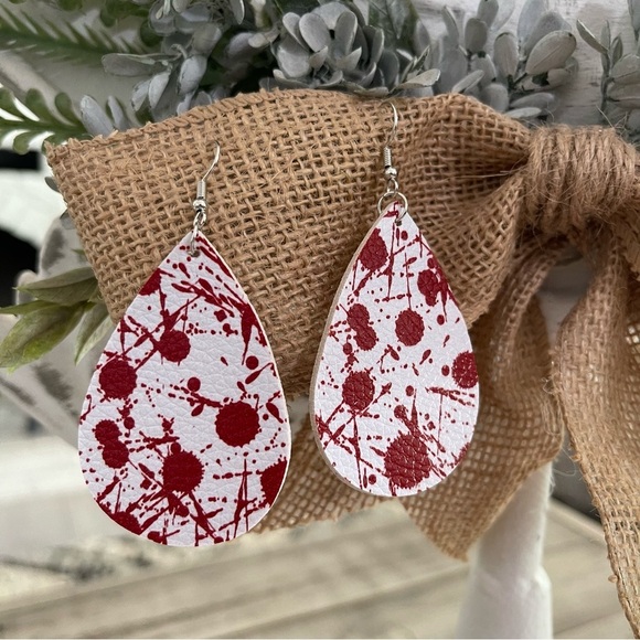 Halloween Fall Faux Leather Teardrop Dangle Earrings Blood Splatter - Picture 2 of 2
